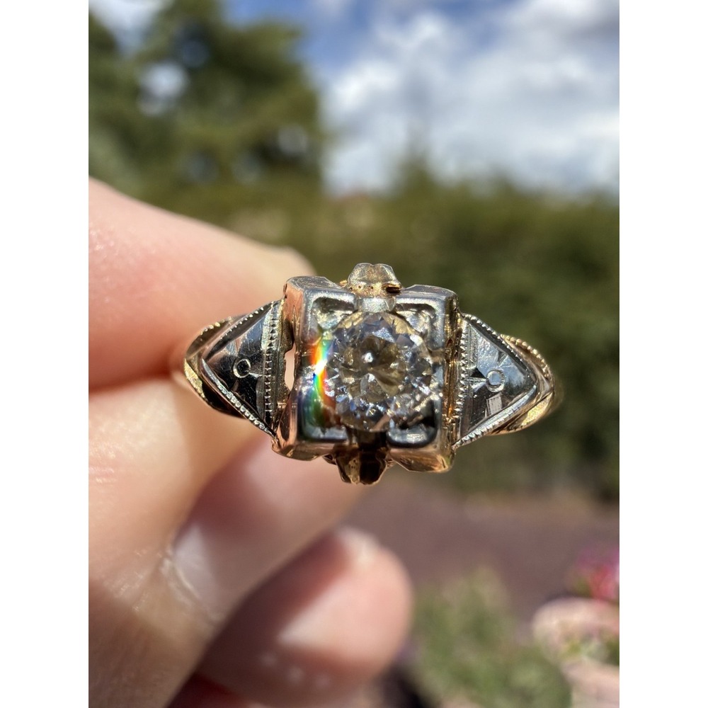Antique 14k Solid Yellow Gold Engraved Natural Diamond Ring - Size 7.25 1.78g - Picture 1 of 11